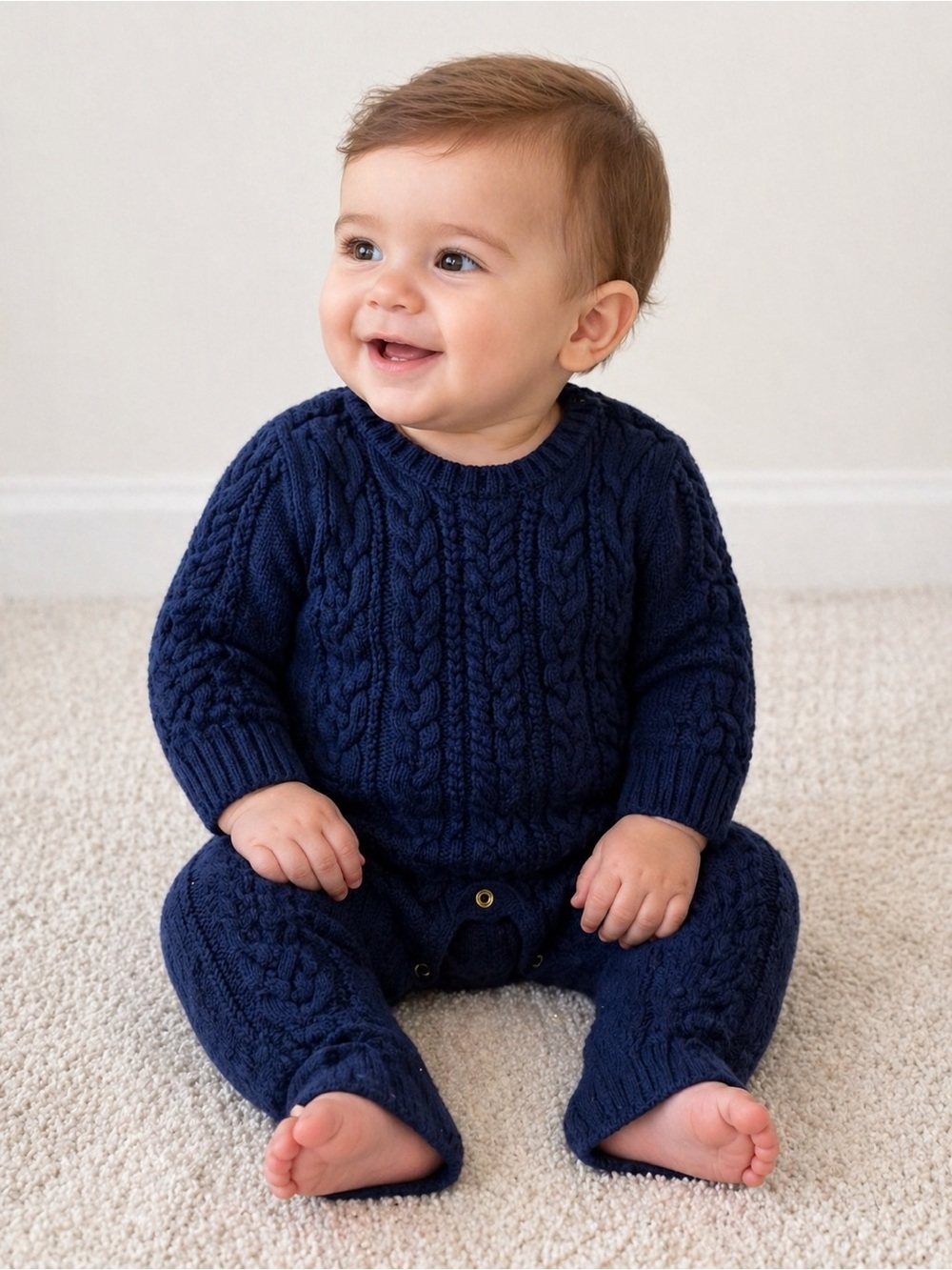 Navy Cable-Knit Baby One-Piece Romper